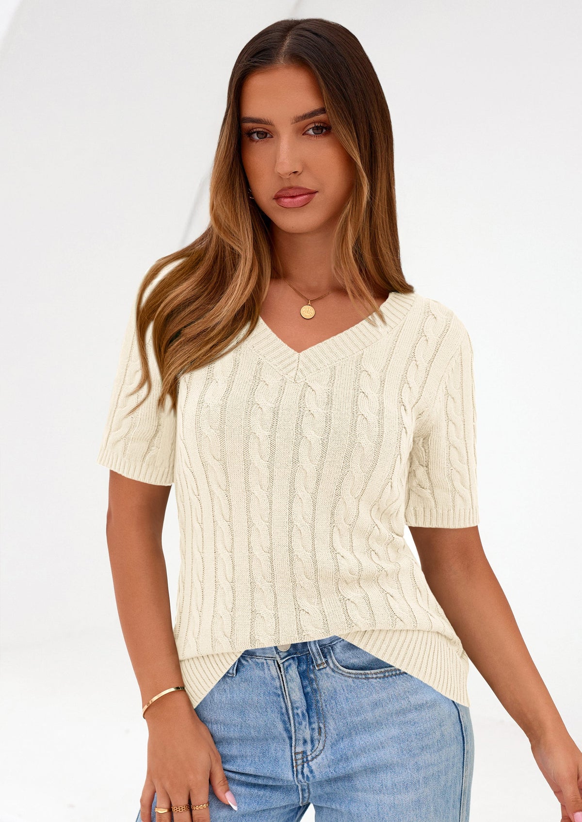Women's Cable Knit Sweater – Short Sleeve V-Neck Fitted Top