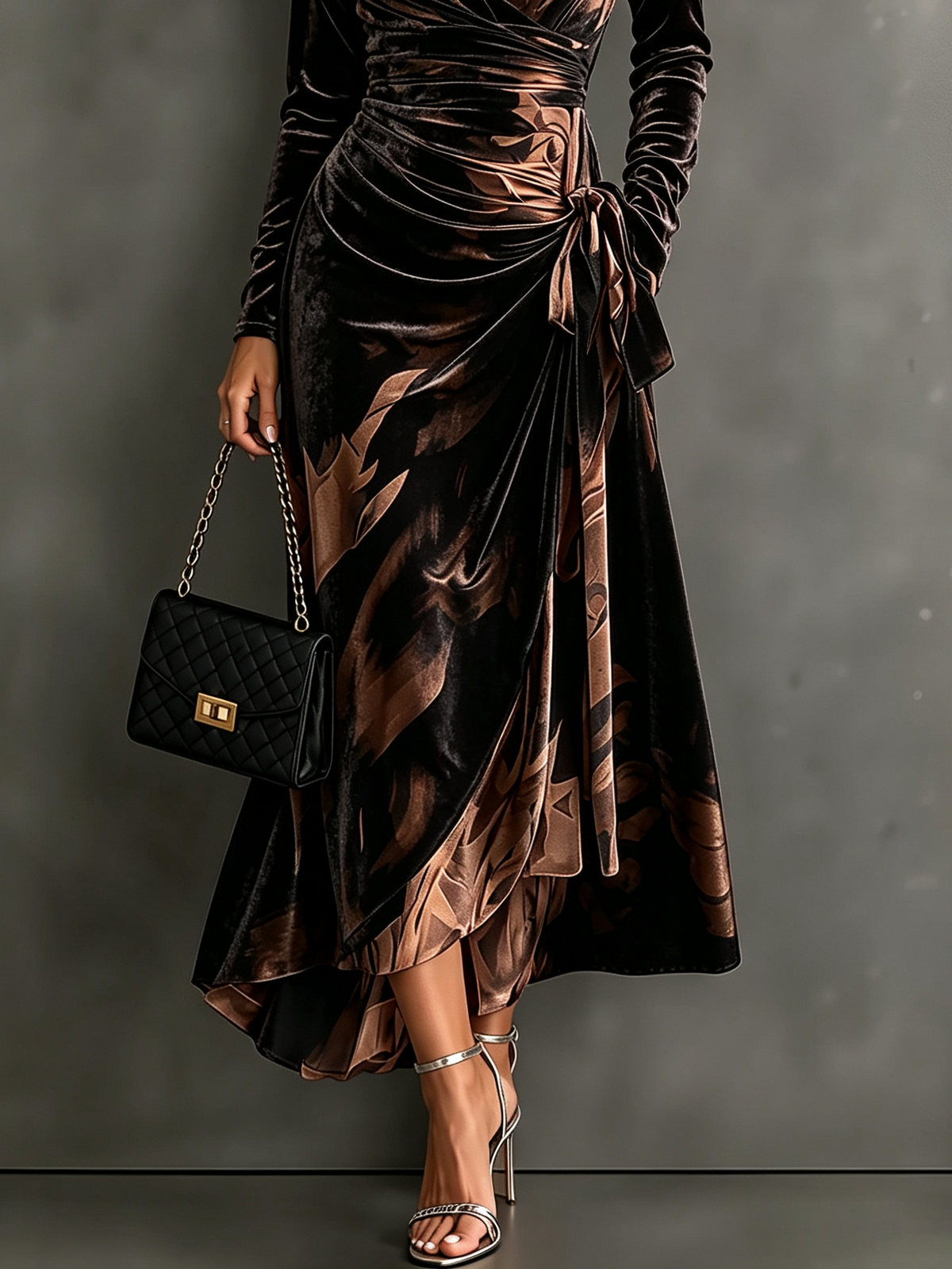 Velvet Wrap Collared Long Sleeve Abstract Print Tie Waist Asymmetrical Hem  Midi Dress