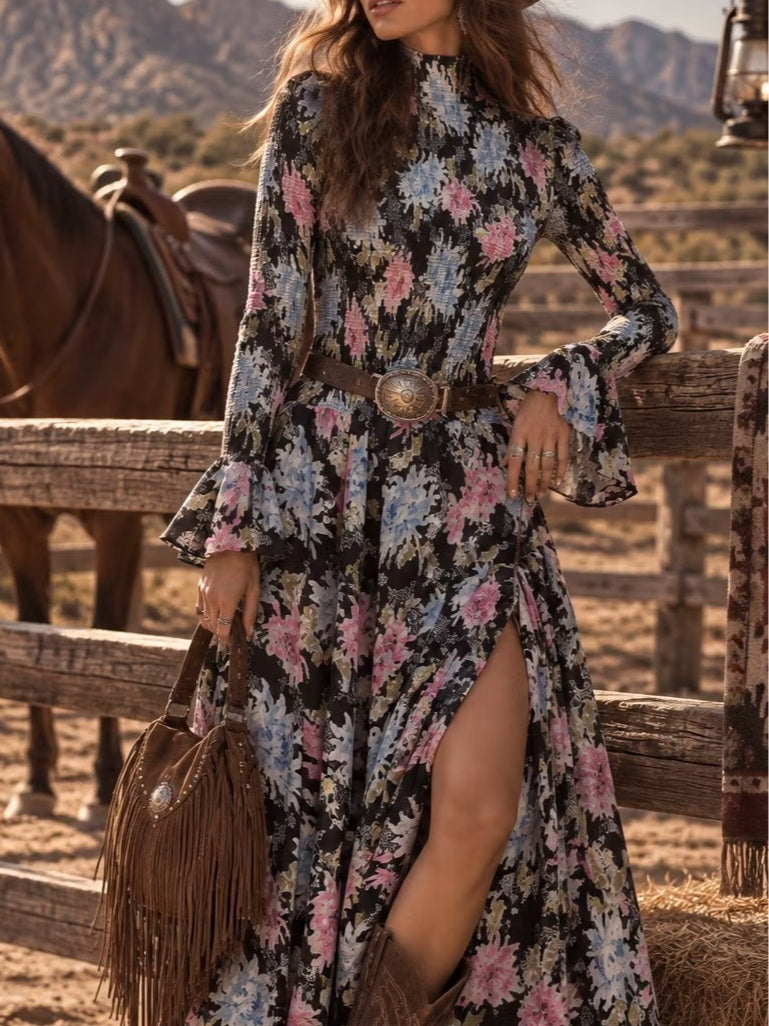 Vintage romantic floral print maxi dress with side slit (belt included)