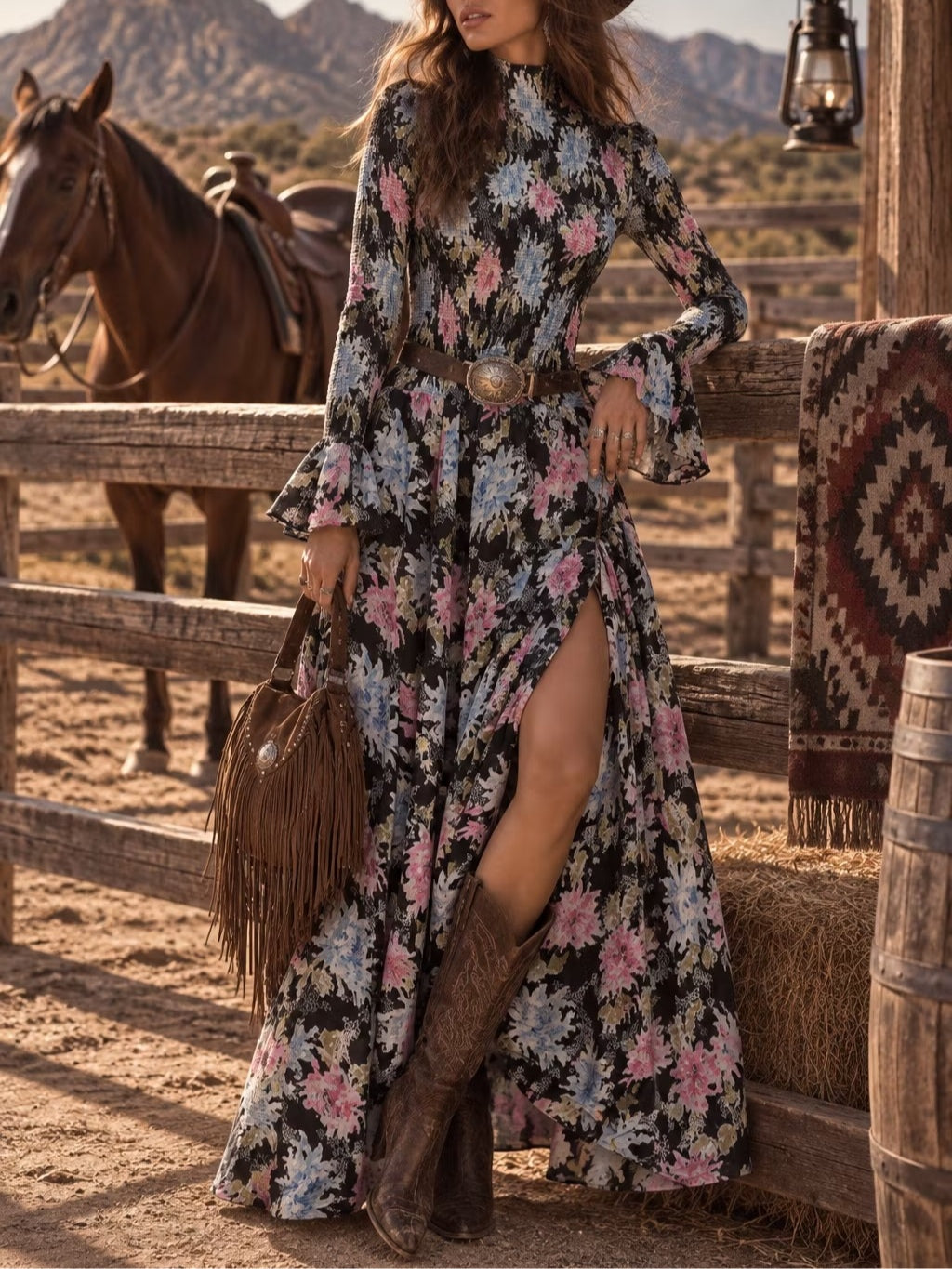 Vintage romantic floral print maxi dress with side slit (belt included)
