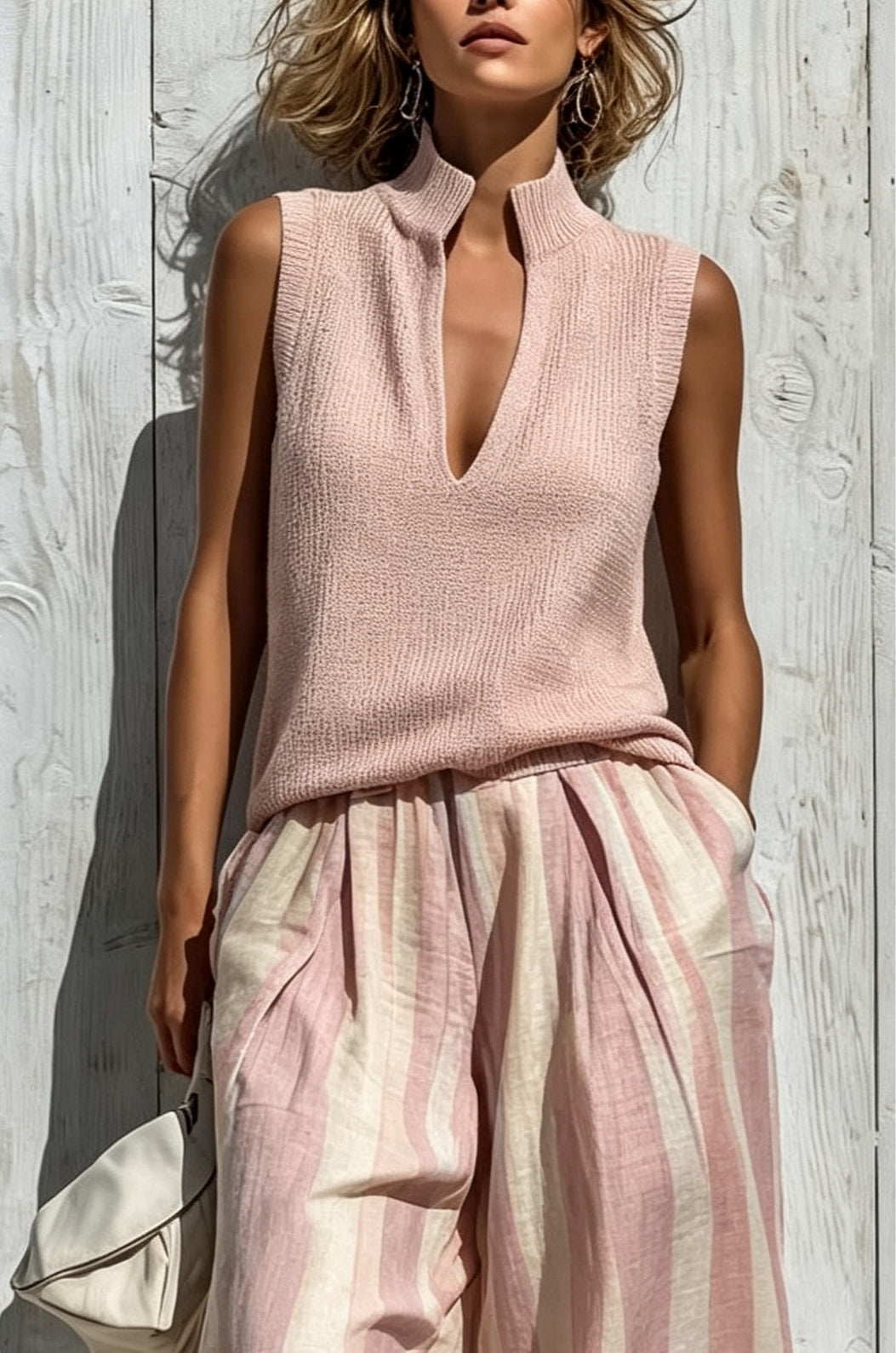 Pink Casual sleeveless top and loose striped trousers set