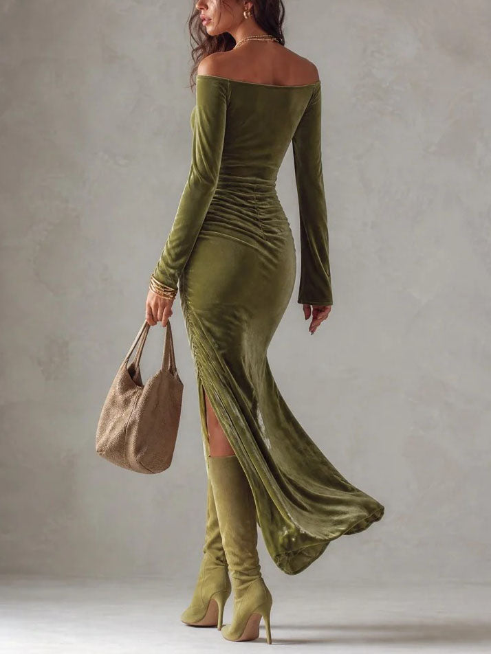 Olive Green Velvet Off Shoulder Long Sleeve Evening Maxi Dress