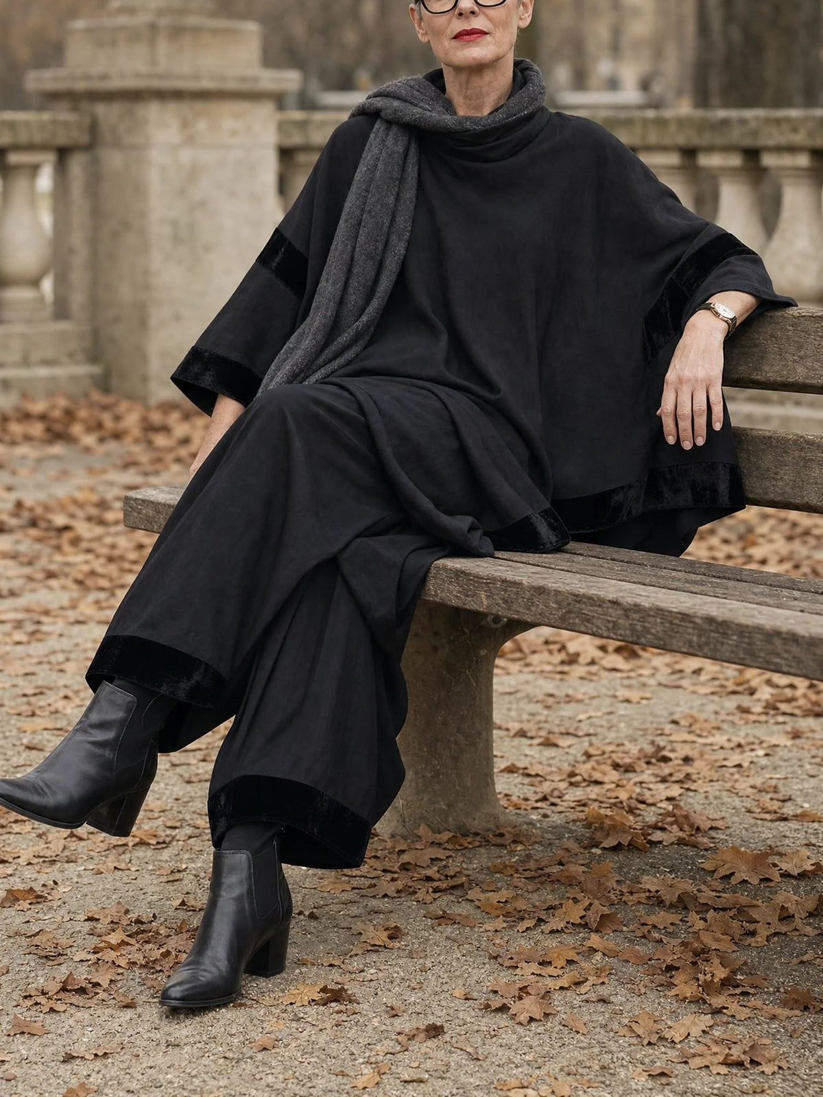 Black Velvet Trim Asymmetric Batwing Sleeve Wide Leg Set