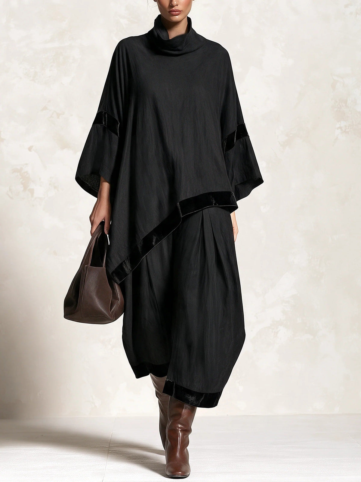 Black Velvet Trim Asymmetric Batwing Sleeve Wide Leg Set