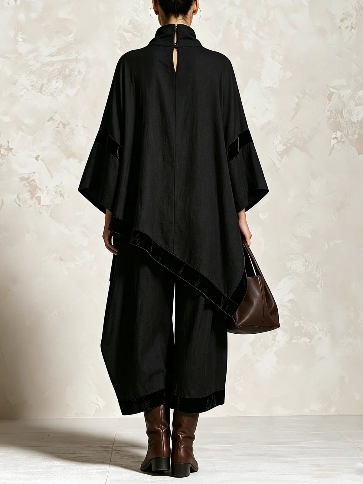 Black Velvet Trim Asymmetric Batwing Sleeve Wide Leg Set