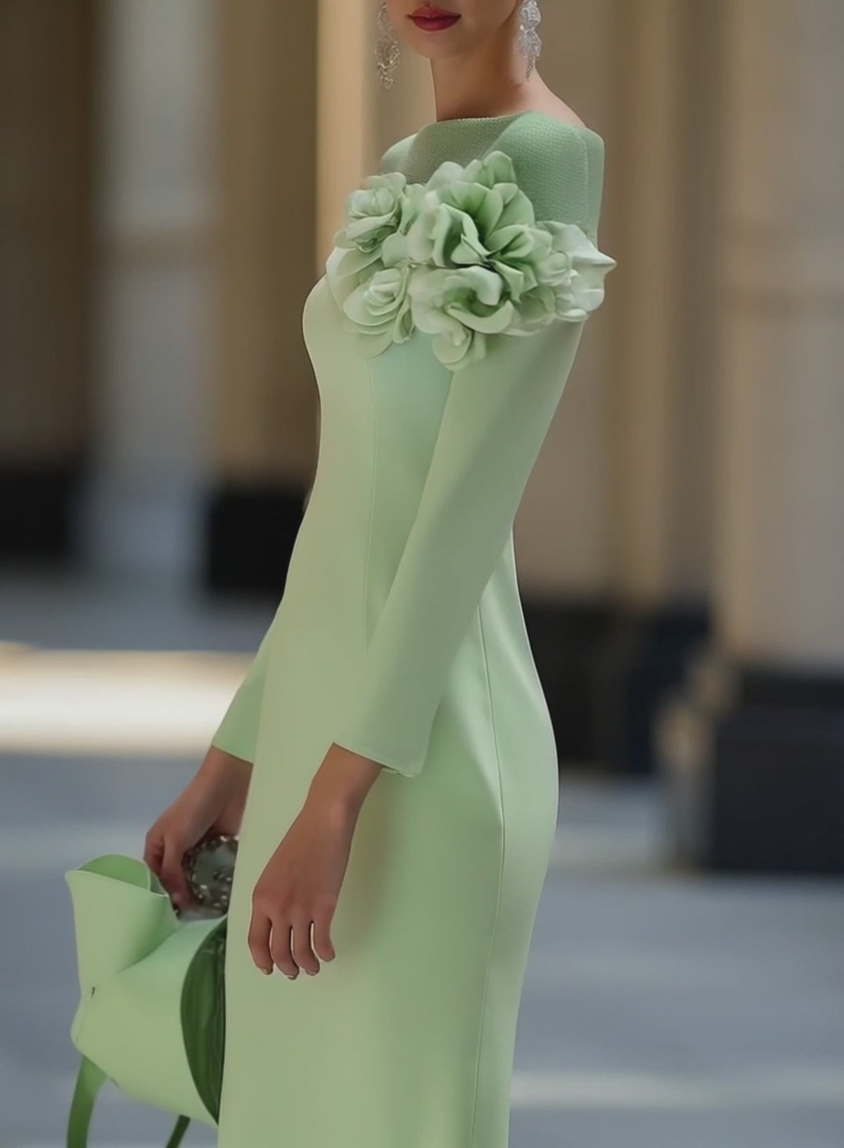 Round Neck Off Shoulder 3D Flower Midi Dress