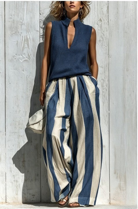 Casual sleeveless top and loose striped trousers set
