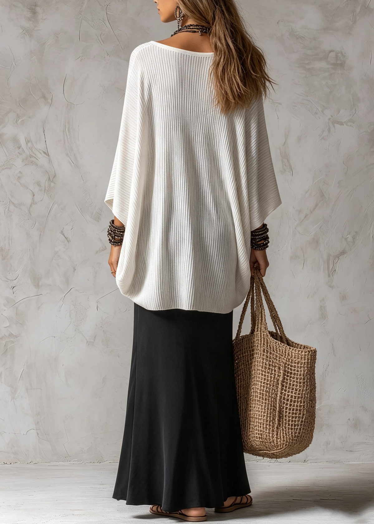 Black Long Skirt & White Knit Top Two Piece Set