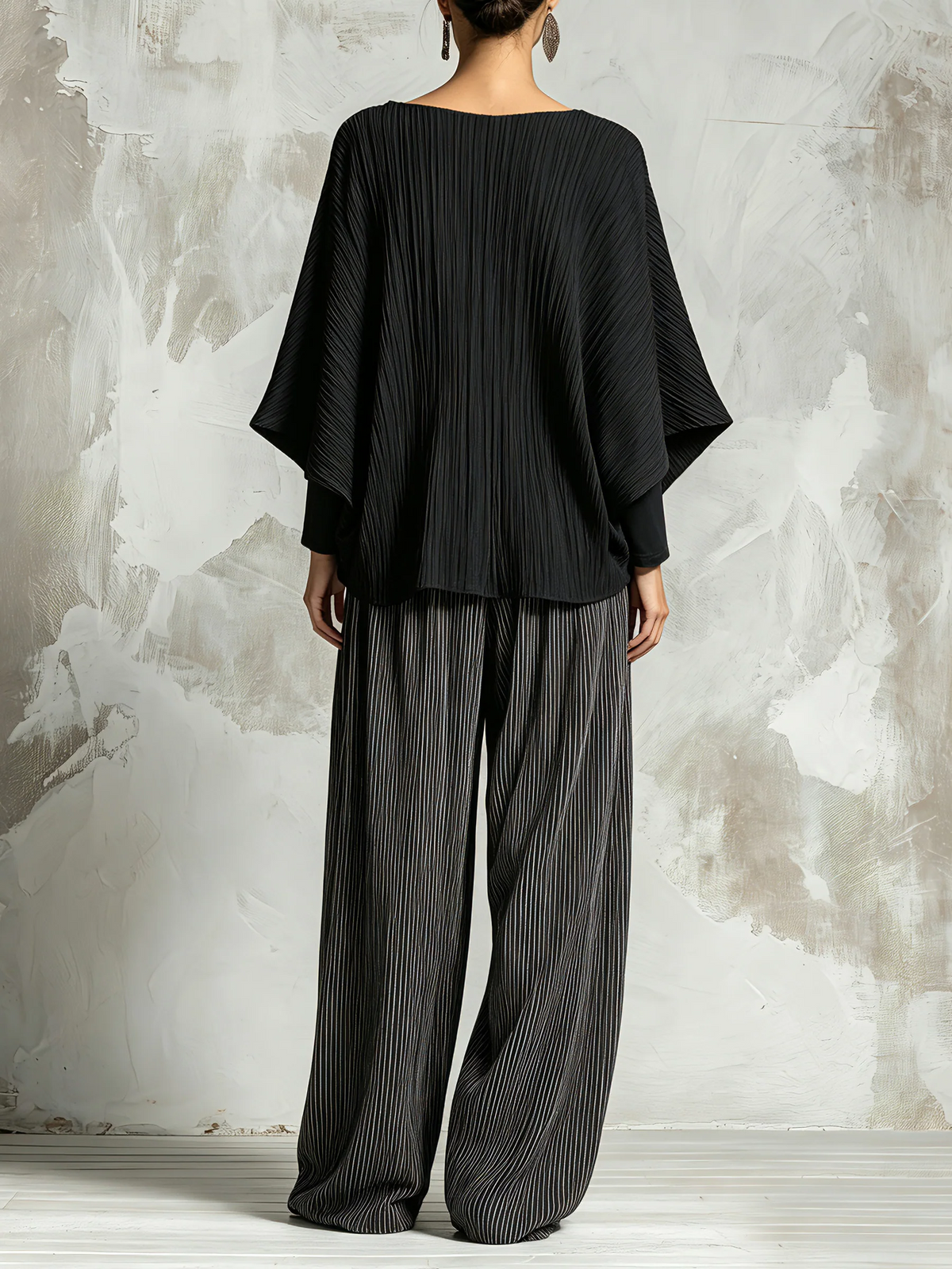 Relaxed Pleated Batwing Top and Wide-Leg Pants Two-Piece Set