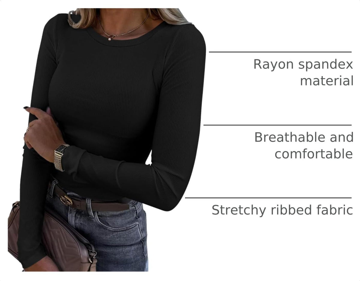 Roselux Womens Long Sleeve Stretch Crewneck Ribbed T-Shirt Fitted Casual Basic Tops