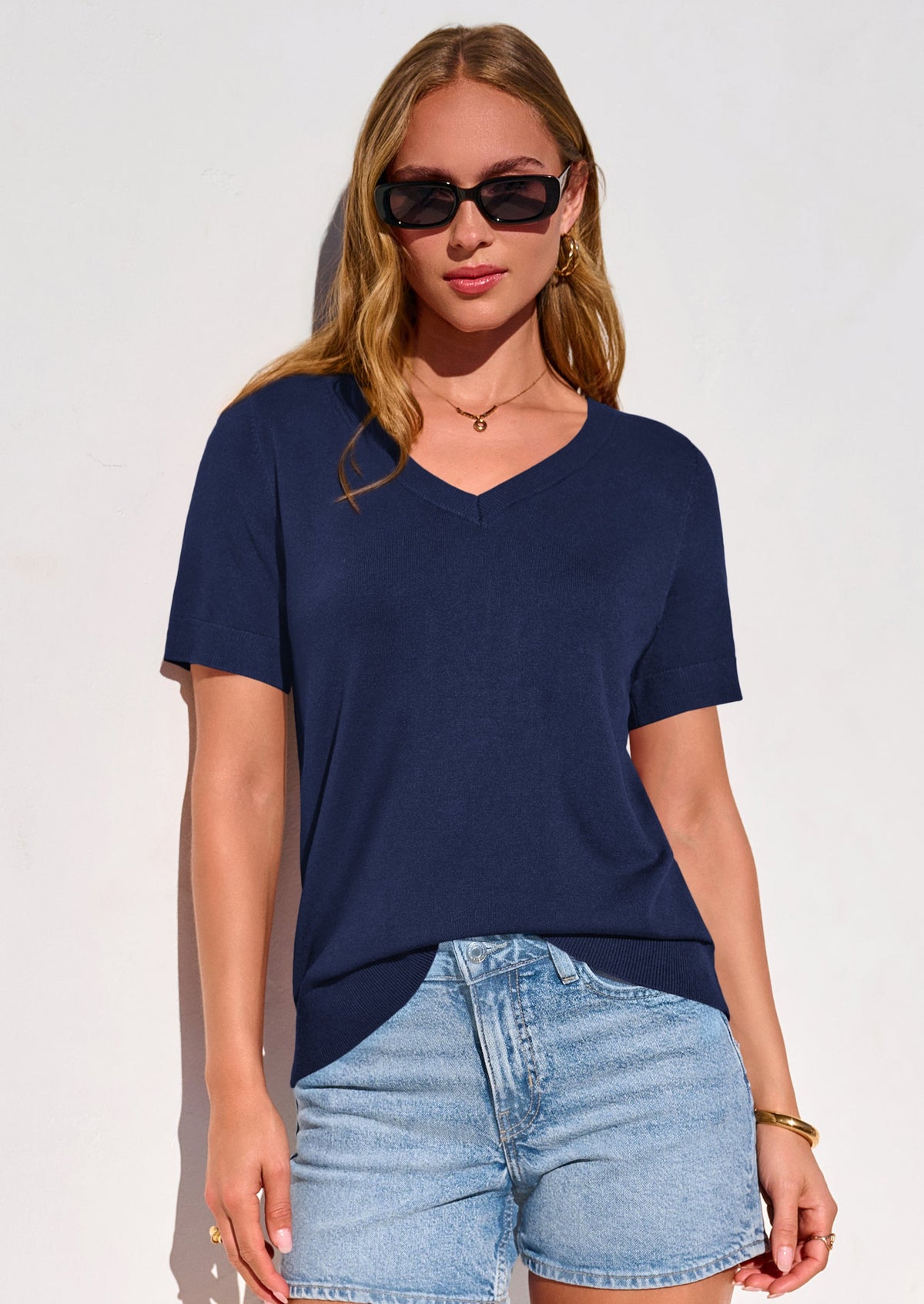 Women's V-Neck Short Sleeve Knit Sweater – Lightweight Pullover Top