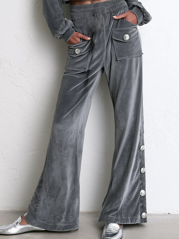 Grey Velvet Hooded Cropped Jacket Button Pants Two Piece Set