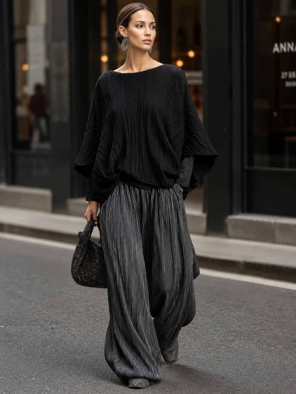 Relaxed Pleated Batwing Top and Wide-Leg Pants Two-Piece Set