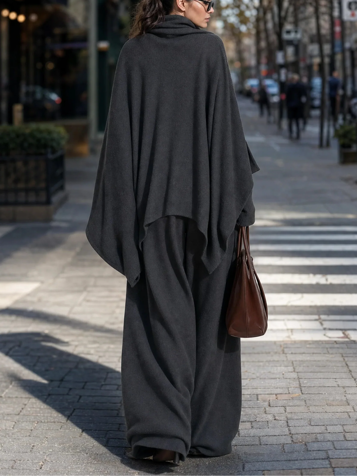 Cowl Neck Poncho Top With Wide-Leg Pants Two Pieces