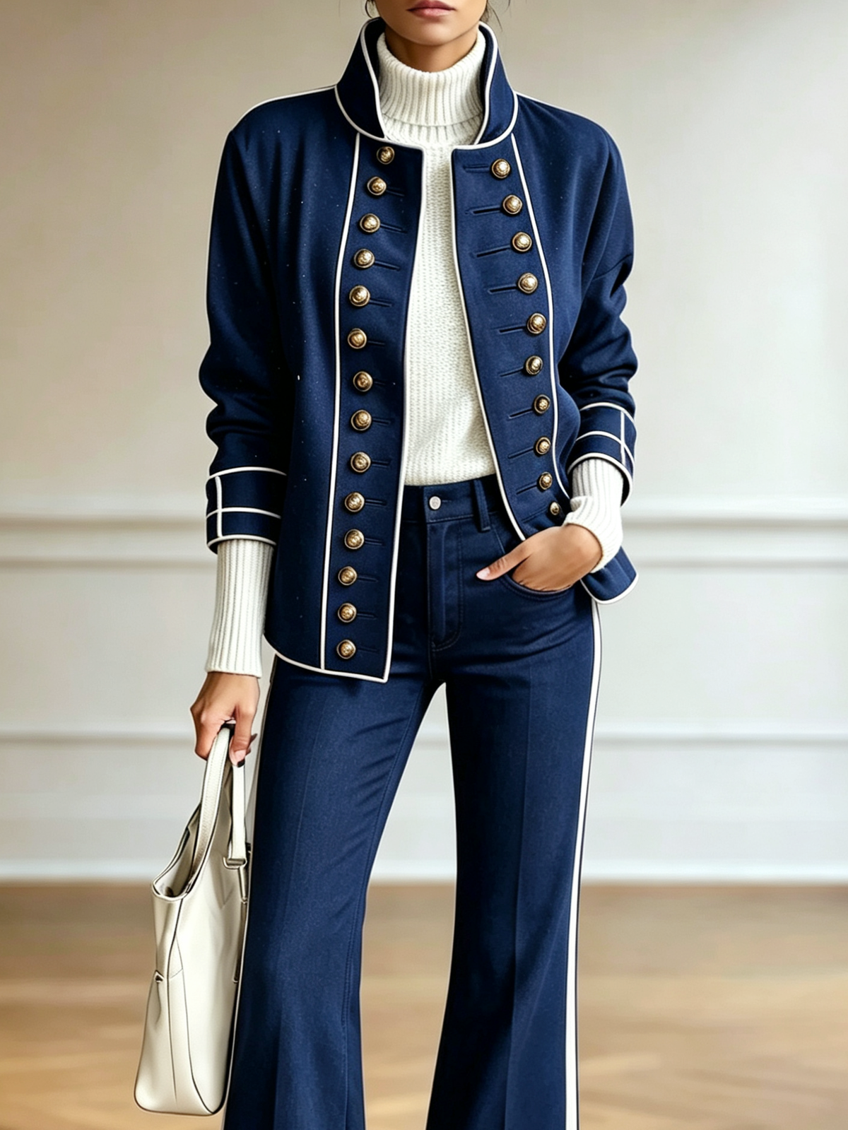 Navy White Piping Military Blazer Flared Pants Two Piece Set