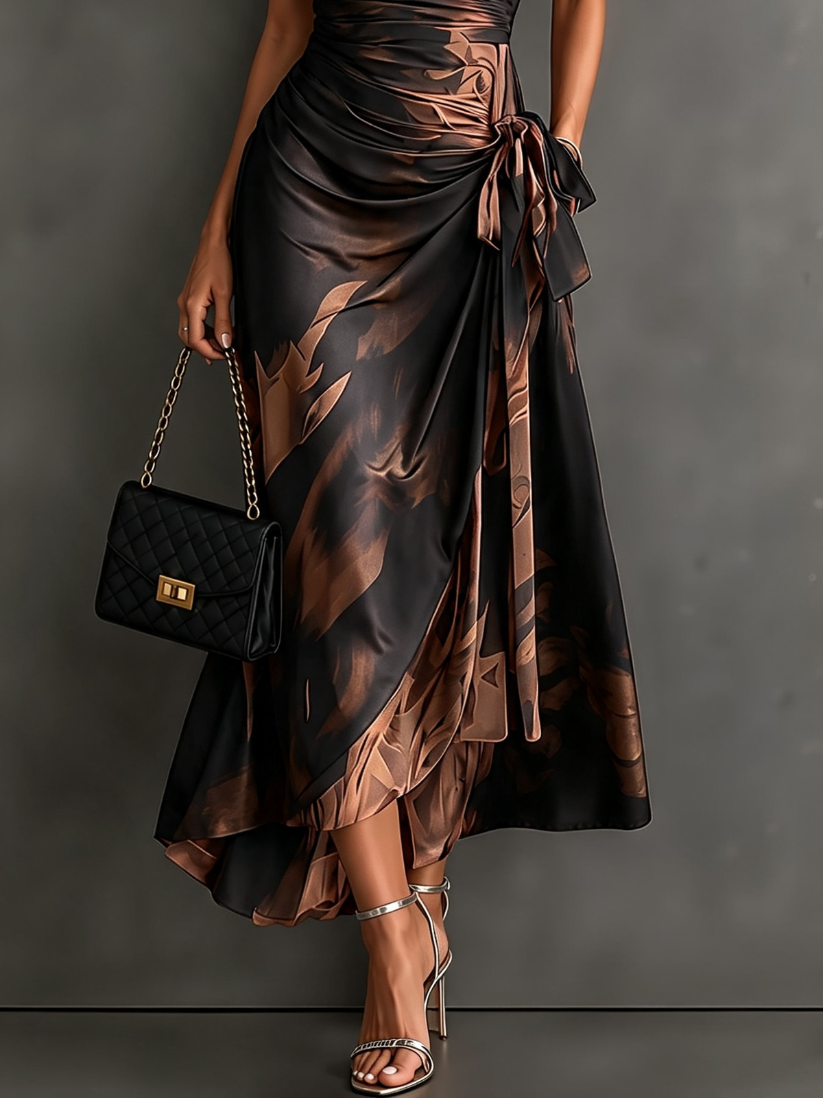Brown Black Abstract Print Wrap Midi Dress Collared V Neck Short Sleeve Tie Waist Ruffled High‑Low Hem Dress