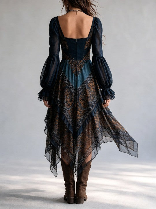Navy Bohemian Paisley Print Handkerchief Hem Dress