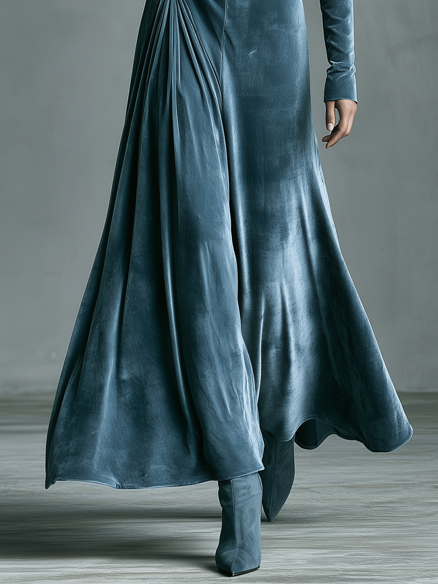 Dusty Blue Velvet Chest Cutout Twist High Neck Maxi Dress