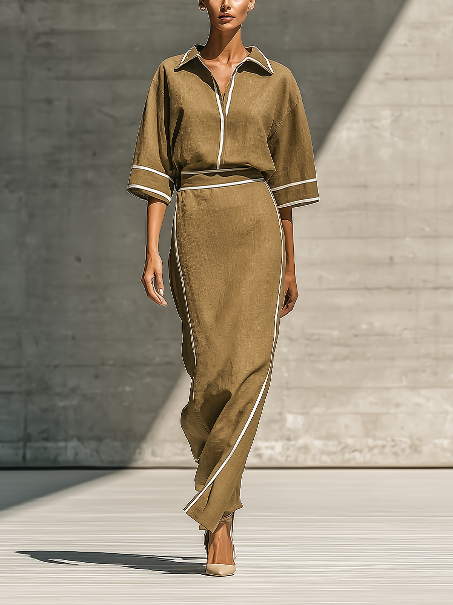 Khaki Linen Blend Collared Top With White Trim and Maxi Skirt Set