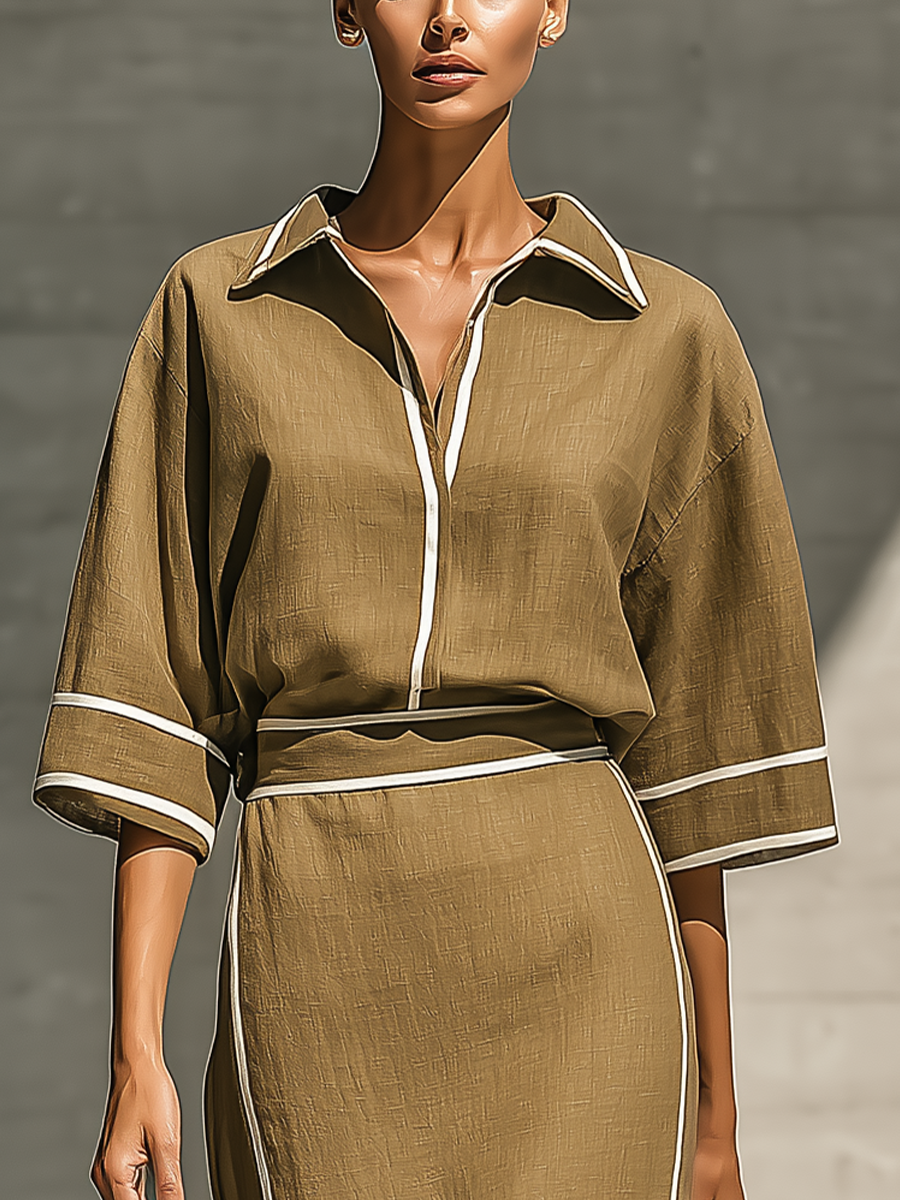 Khaki Linen Blend Collared Top With White Trim and Maxi Skirt Set