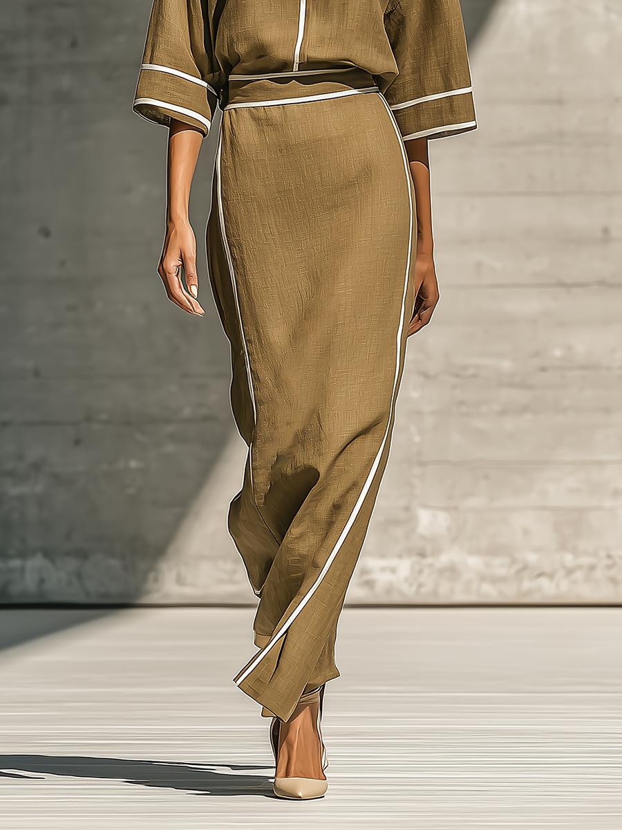 Khaki Linen Blend Collared Top With White Trim and Maxi Skirt Set