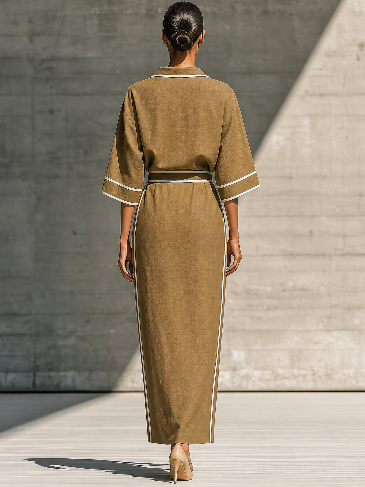 Khaki Linen Blend Collared Top With White Trim and Maxi Skirt Set