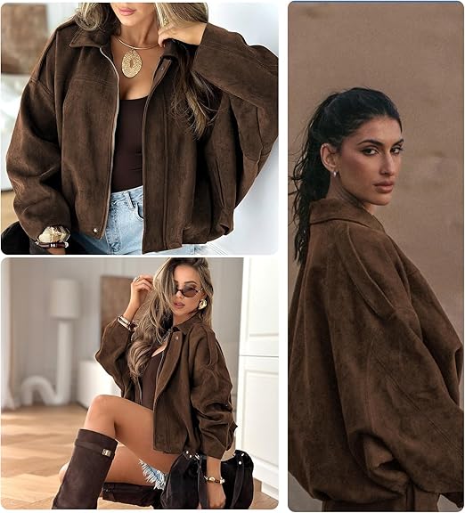 Womens Faux Suede Lapel Pilot Cropped Jacket