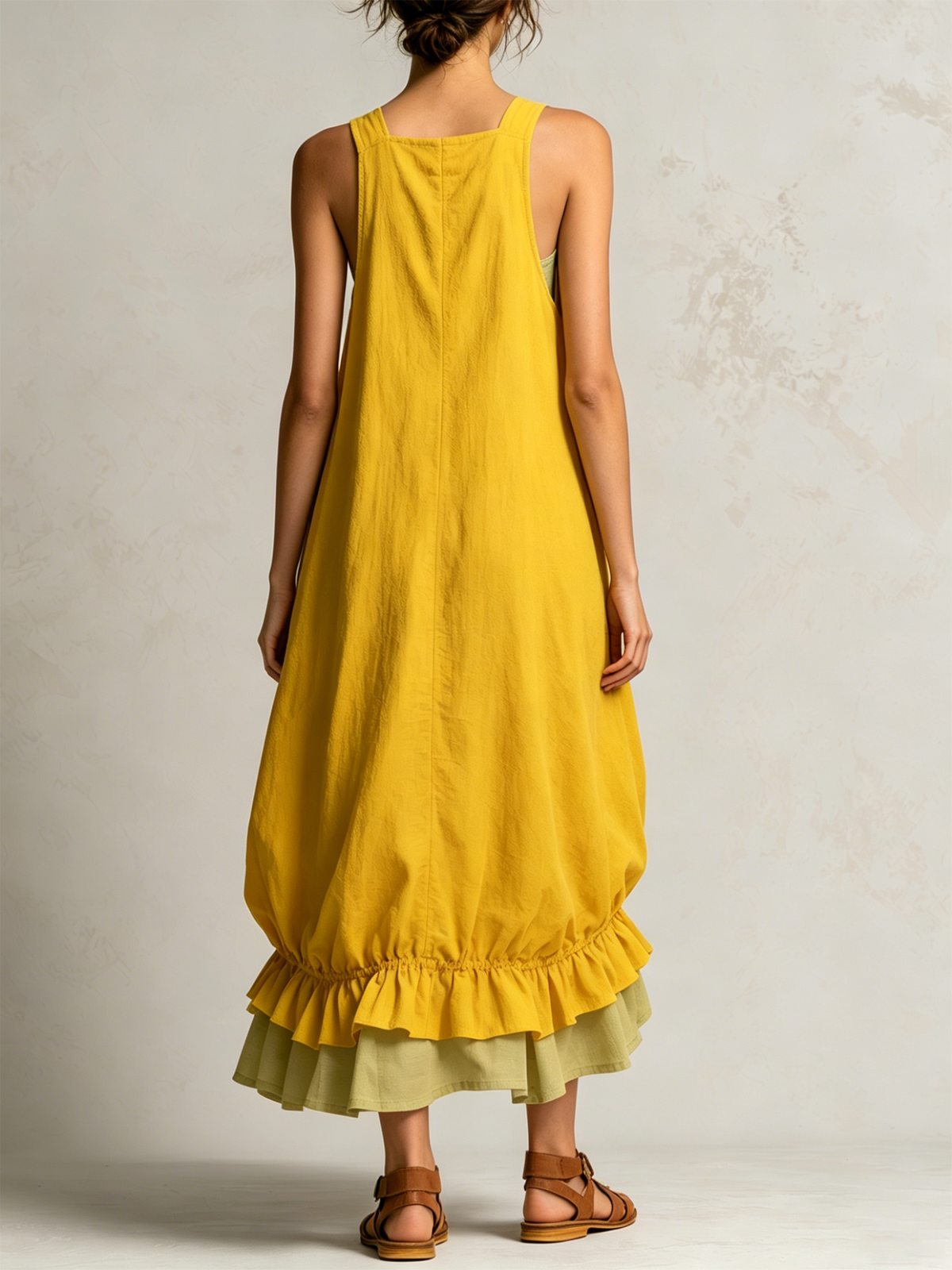 Yellow Sleeveless Big Pockets Layered Ruffle Hem Bubble Midi Dress