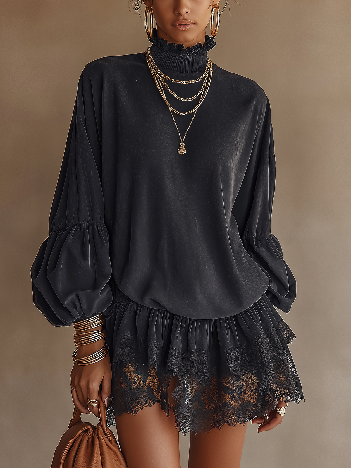 Black Faux Suede High Neck Lace Panel Ruffle Mini Dress