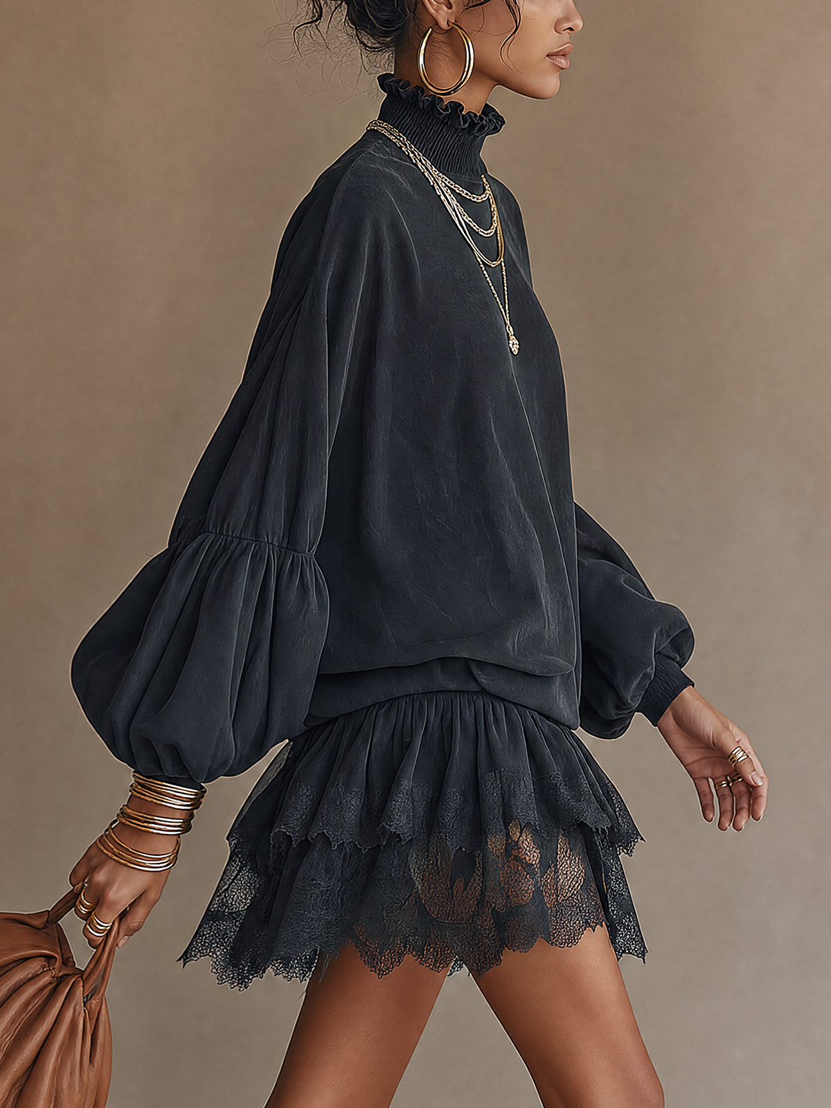 Black Faux Suede High Neck Lace Panel Ruffle Mini Dress