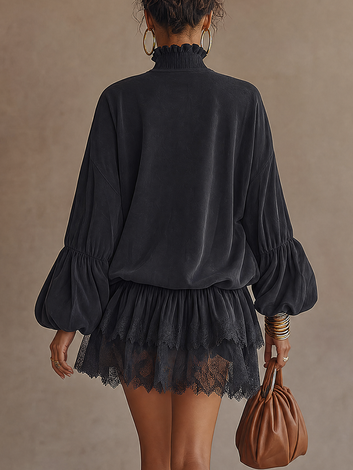 Black Faux Suede High Neck Lace Panel Ruffle Mini Dress