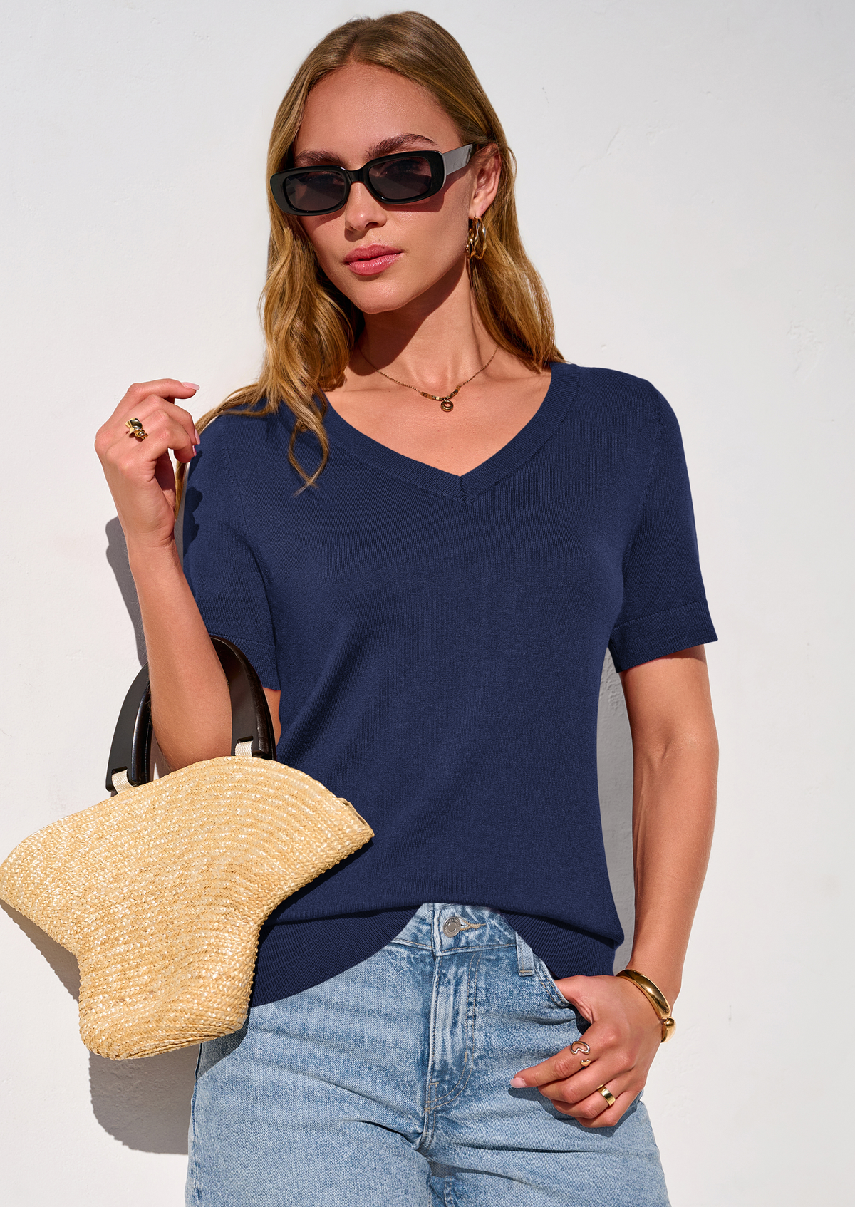 Women's V-Neck Short Sleeve Knit Sweater – Lightweight Pullover Top