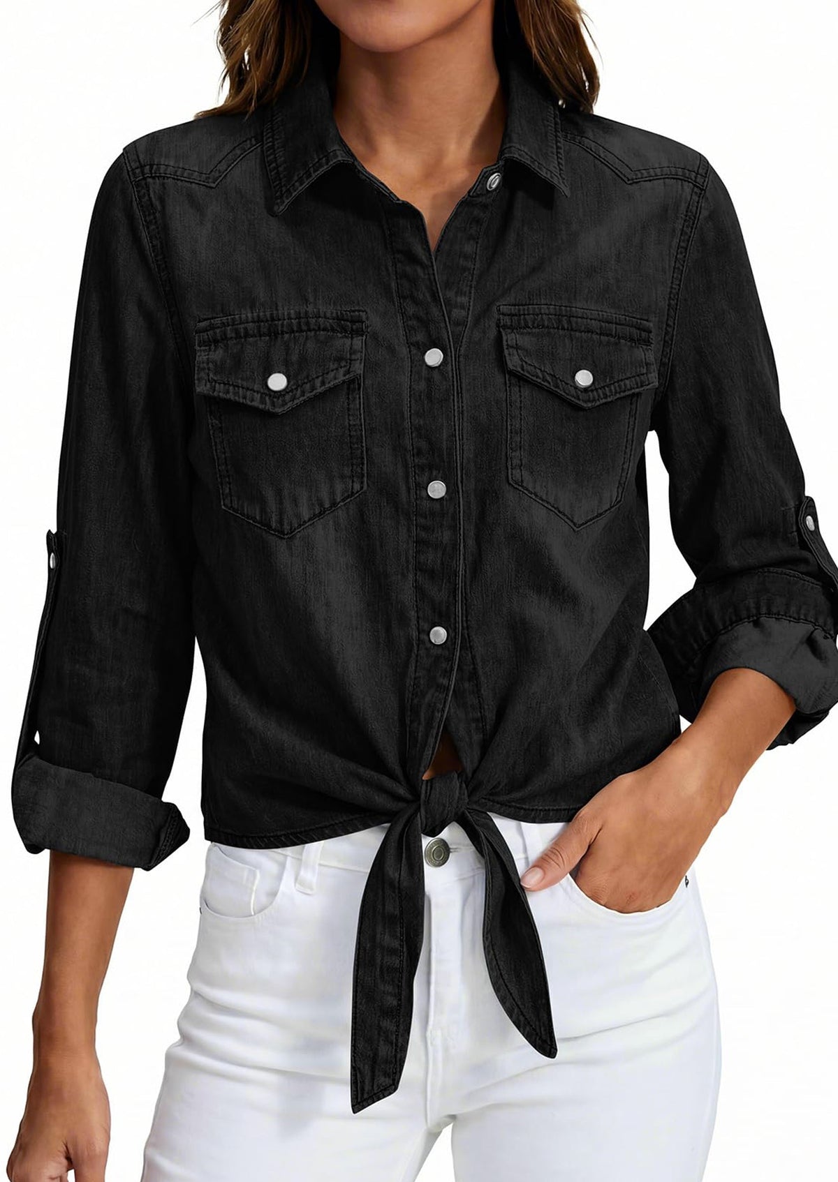 Women's Denim Tie-Front Shirt – Collared Long Sleeve Button-Down Top