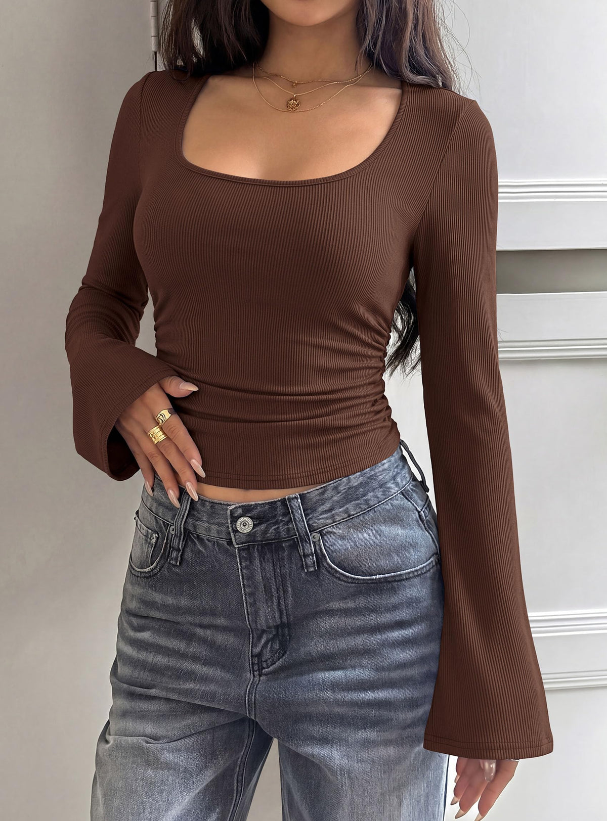 Women's Square Neck Bell Sleeve Top – Ruched Ribbed Going-Out Top