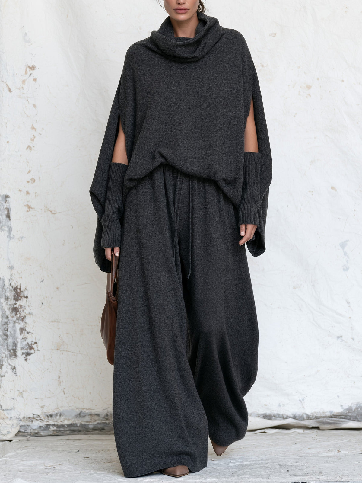 Cowl Neck Poncho Top With Wide-Leg Pants Two Pieces
