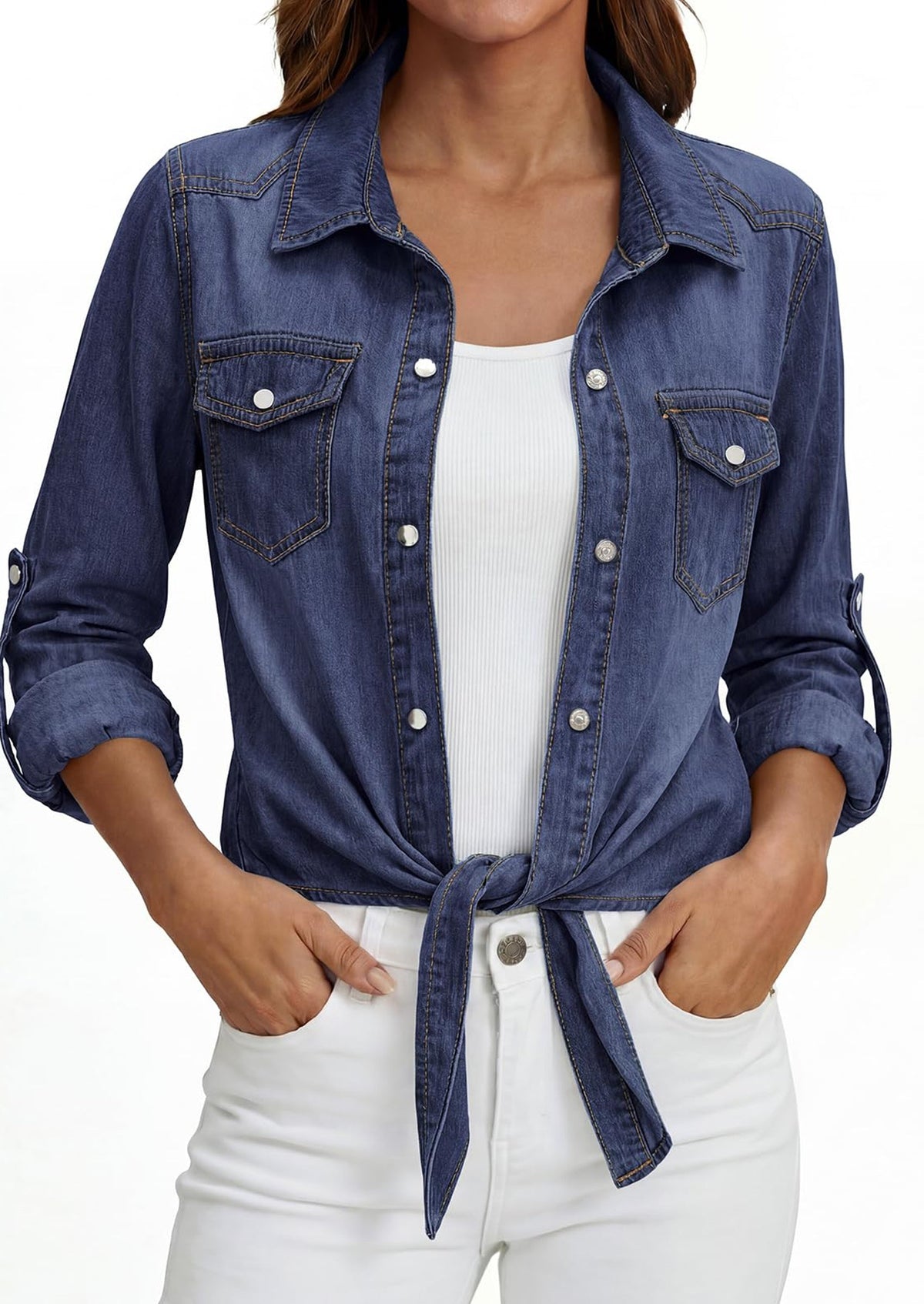 Women's Denim Tie-Front Shirt – Collared Long Sleeve Button-Down Top