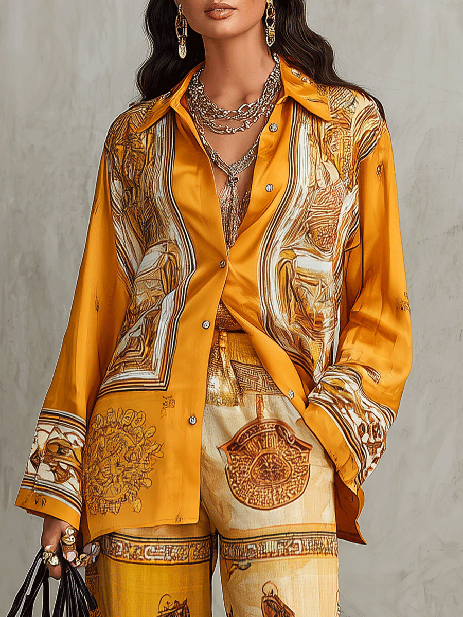Orange Baroque Print Long Sleeve Shirt & Wide Leg Pants Two-Piece Set