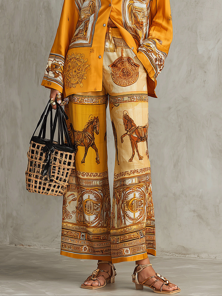 Orange Baroque Print Long Sleeve Shirt & Wide Leg Pants Two-Piece Set