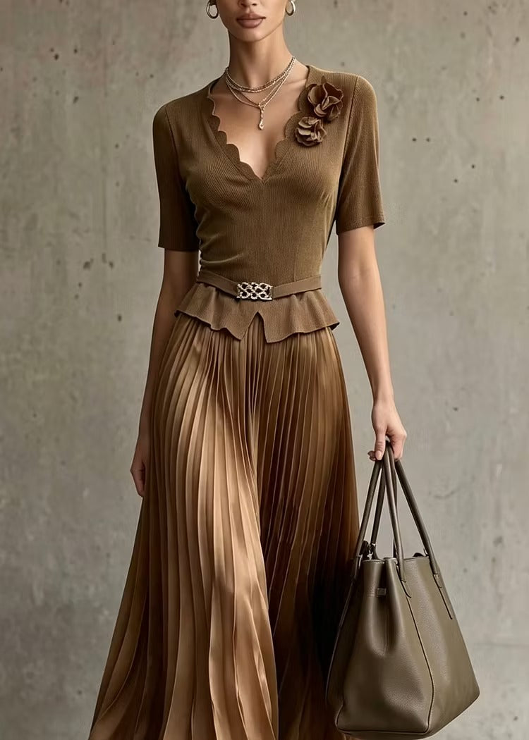 Elegant V-neck top with 3D floral details and pleated maxi skirt set