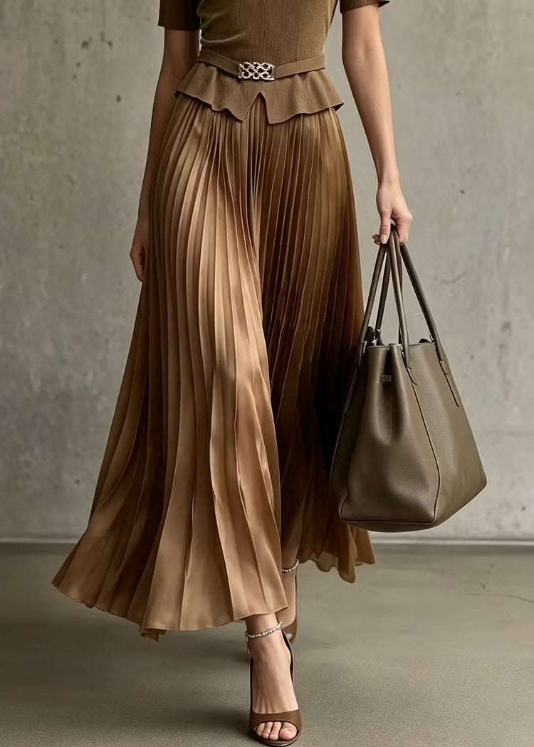 Elegant V-neck top with 3D floral details and pleated maxi skirt set