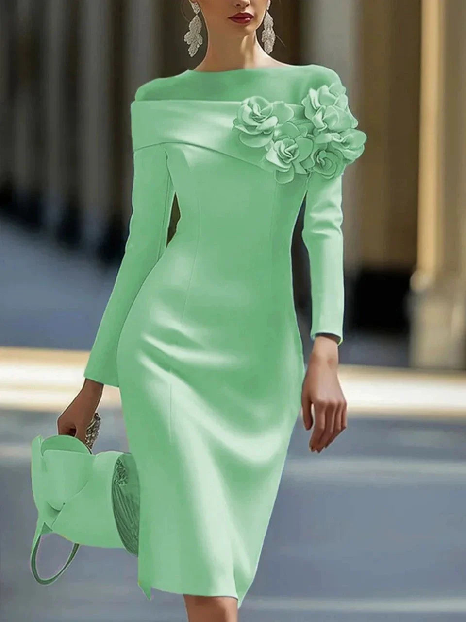 Round Neck Off Shoulder 3D Flower Midi Dress