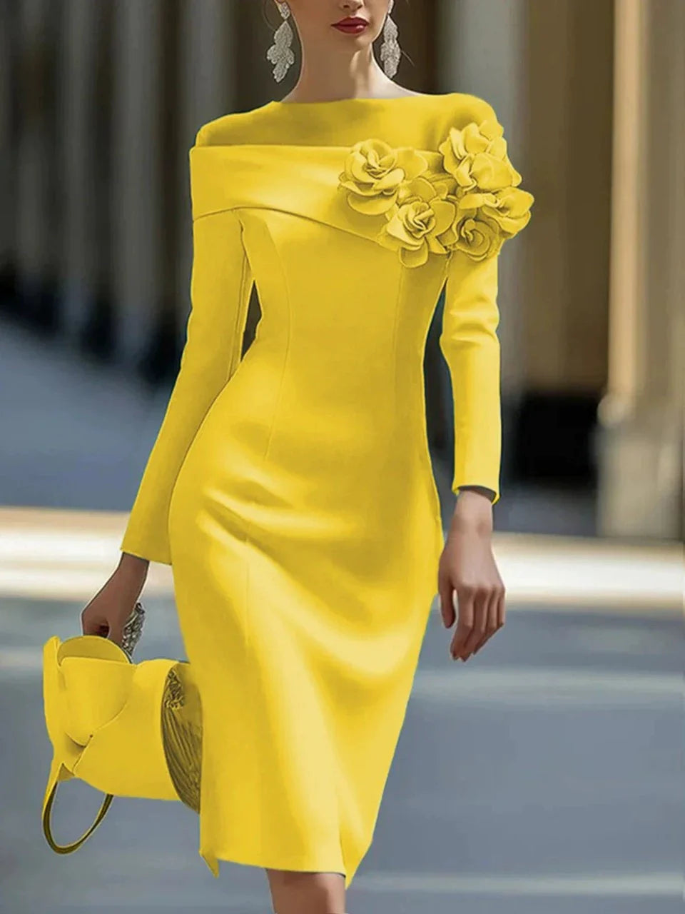 Round Neck Off Shoulder 3D Flower Midi Dress