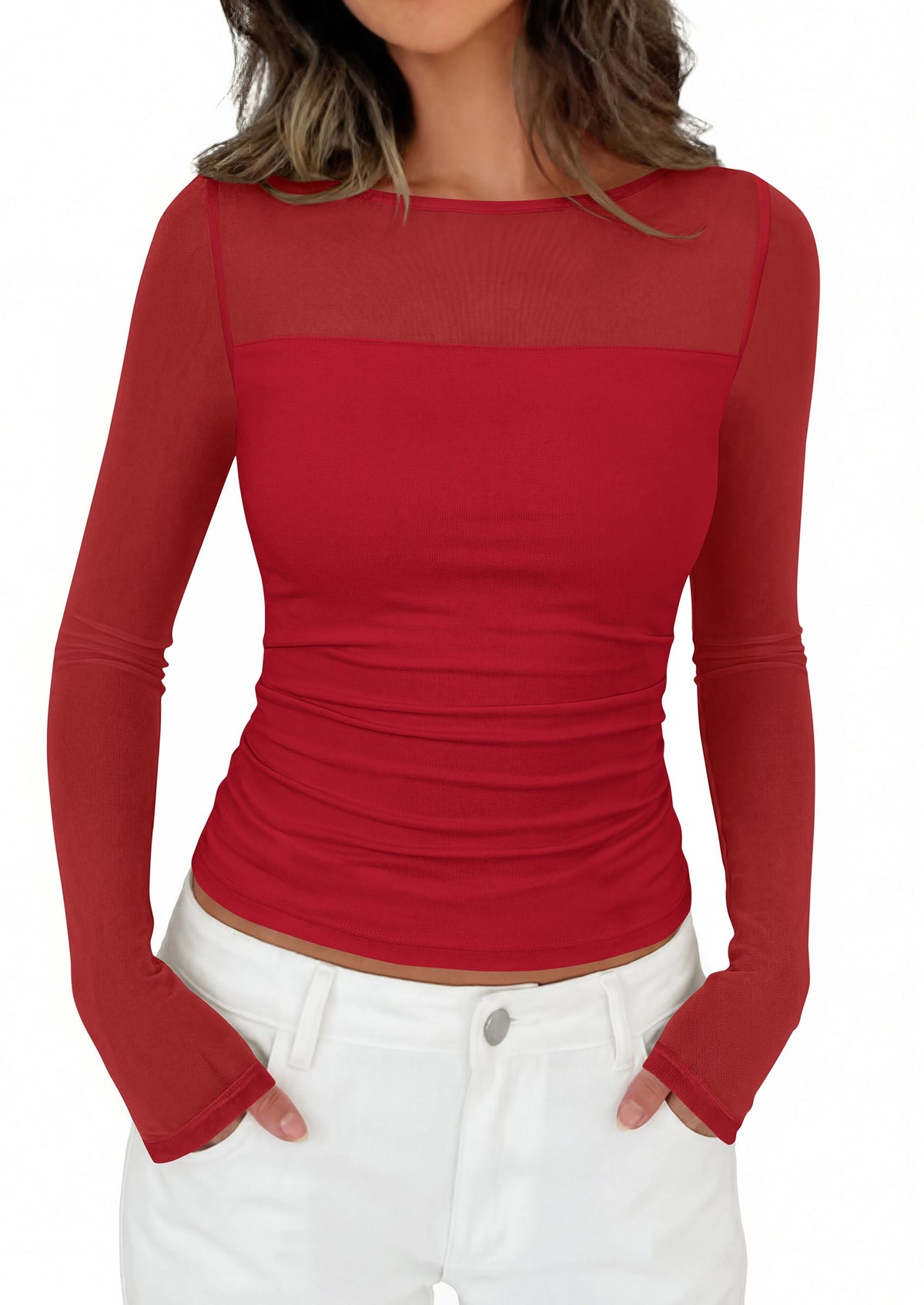 Women's Sheer Mesh Boat Neck Top – Ruched Fitted Long Sleeve Top