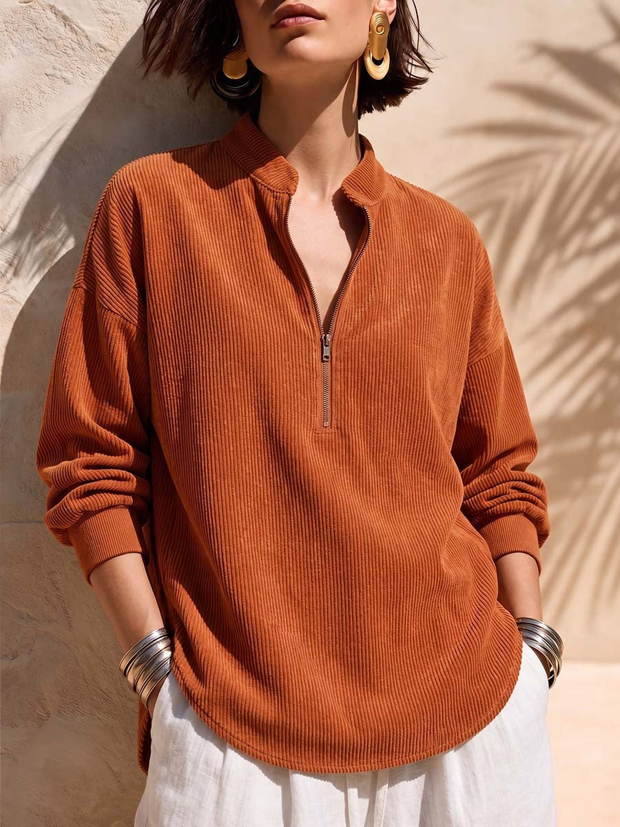 Women's Zip-Up Stand-Collar Long-Sleeve Loose-Fit Casual Corduroy Top