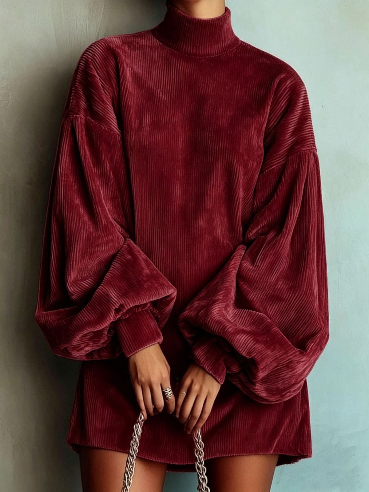 High-neck corduroy lantern-sleeve loose mini dress