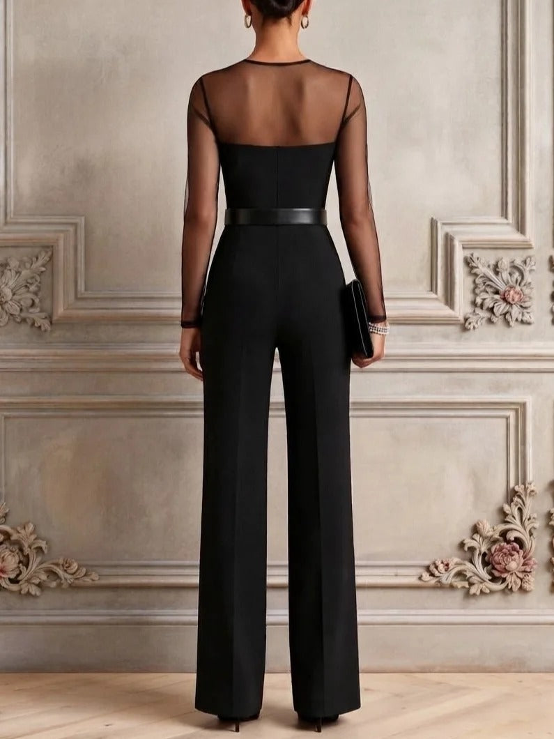 Black 3D Floral Split Joint Crew Neck Long Sleeve Elegant Jumpsuit（Belt included）
