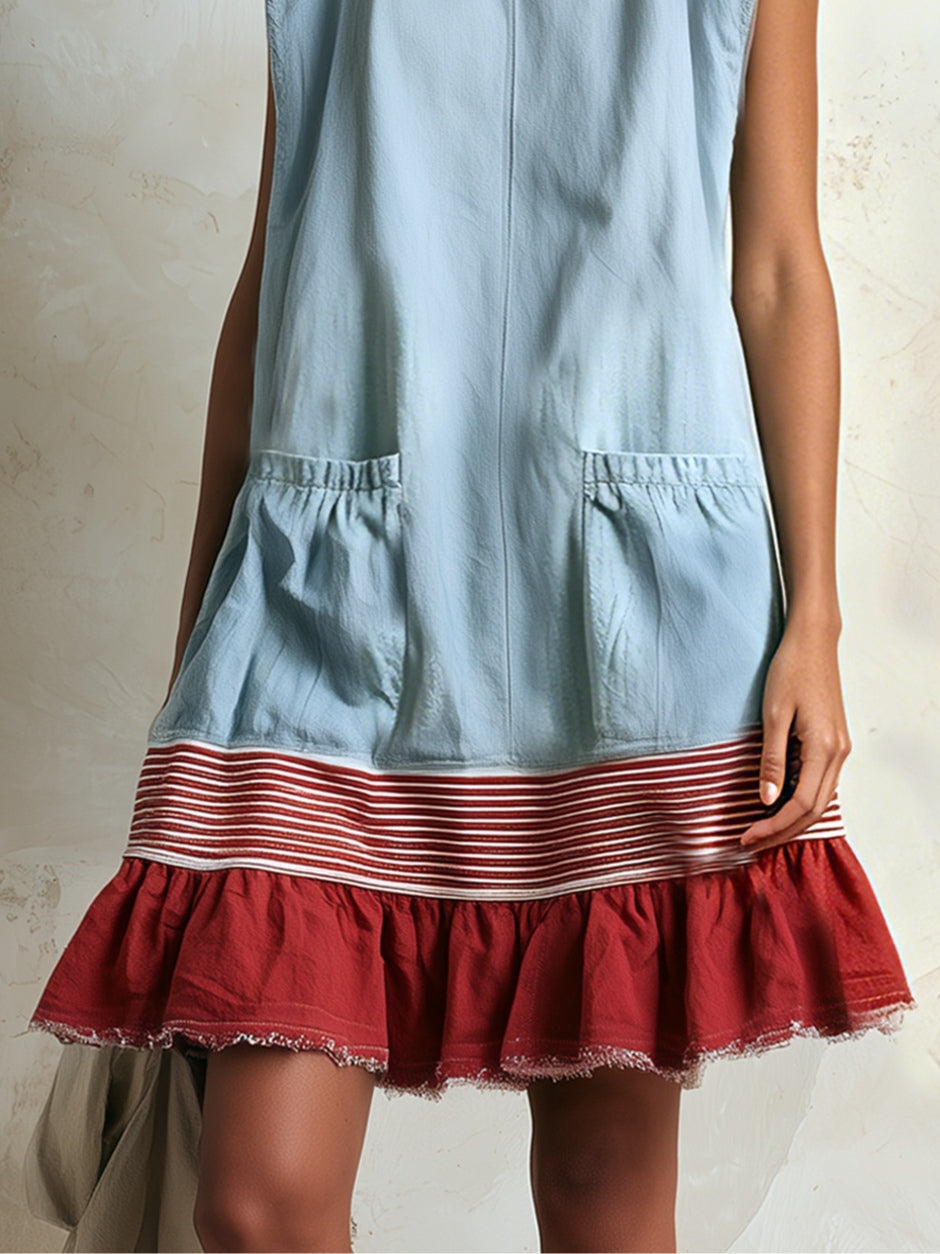 Blue Sleeveless Red Striped And Ruffled Loose Mini Dress