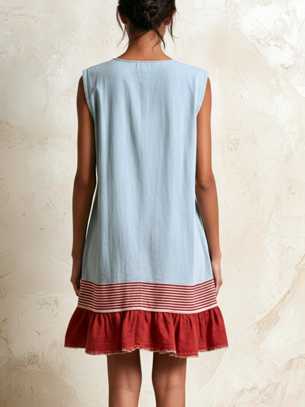Blue Sleeveless Red Striped And Ruffled Loose Mini Dress