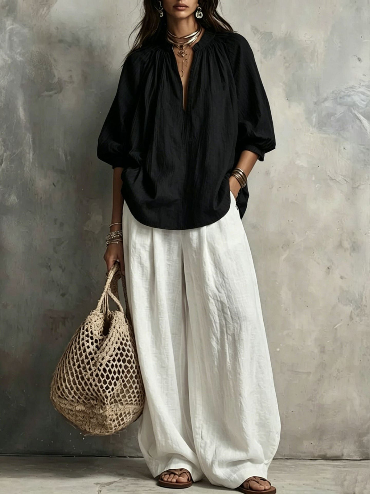 Vintage Solid-Color Puff-Sleeve Top and Wide-Leg Pants Set