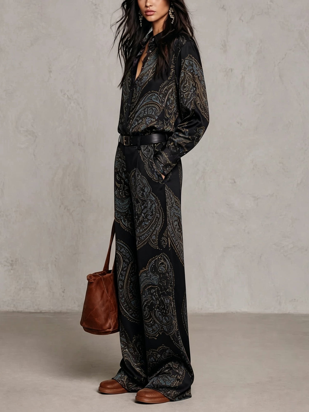 Burgundy-purple Paisley Print Satin Long-sleeve Shirt And Wide-leg Trousers Set (with belt)